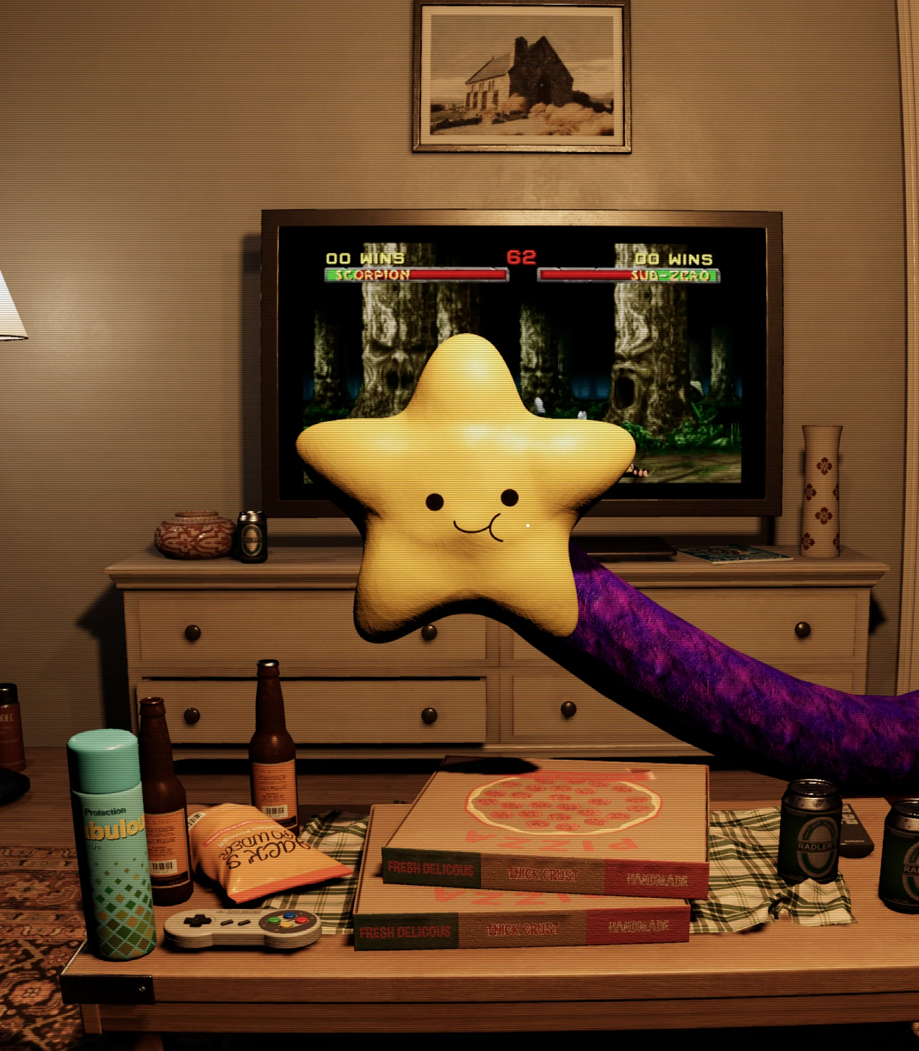 Jerry, a smiling yellow star, sitting on a dresser in front of a television