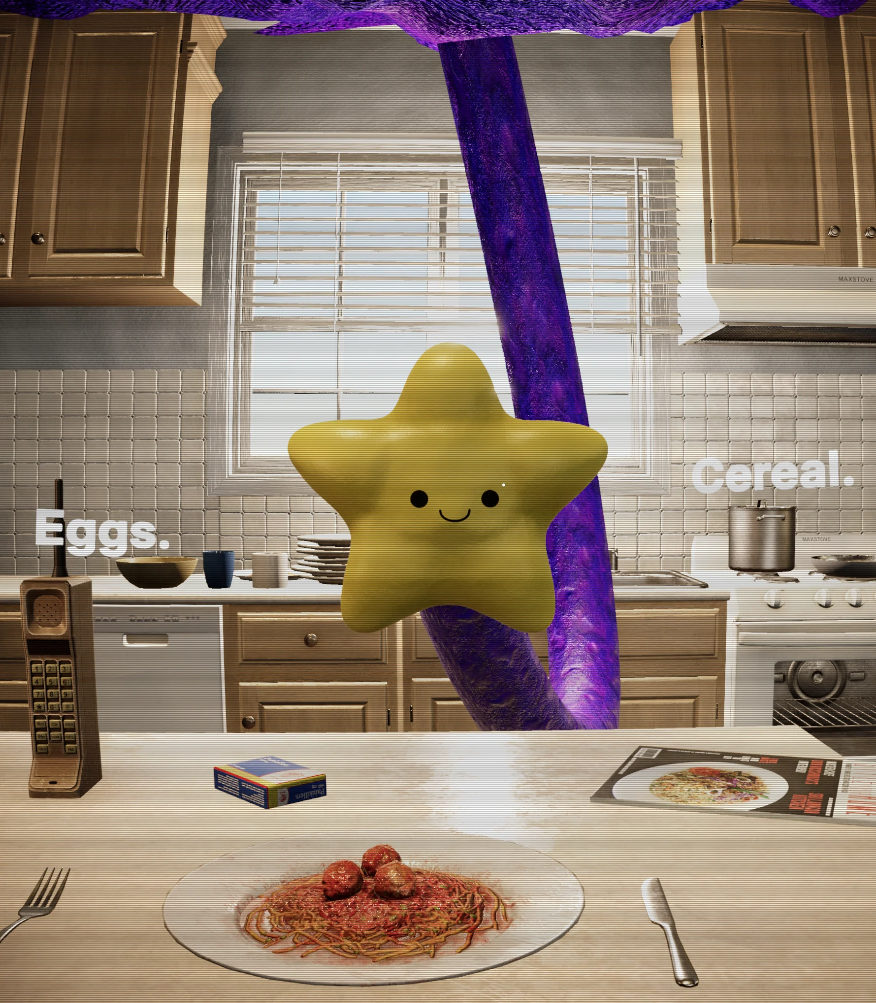 Jerry, a smiling yellow star, hanging over a kitchen table set with spaghetti