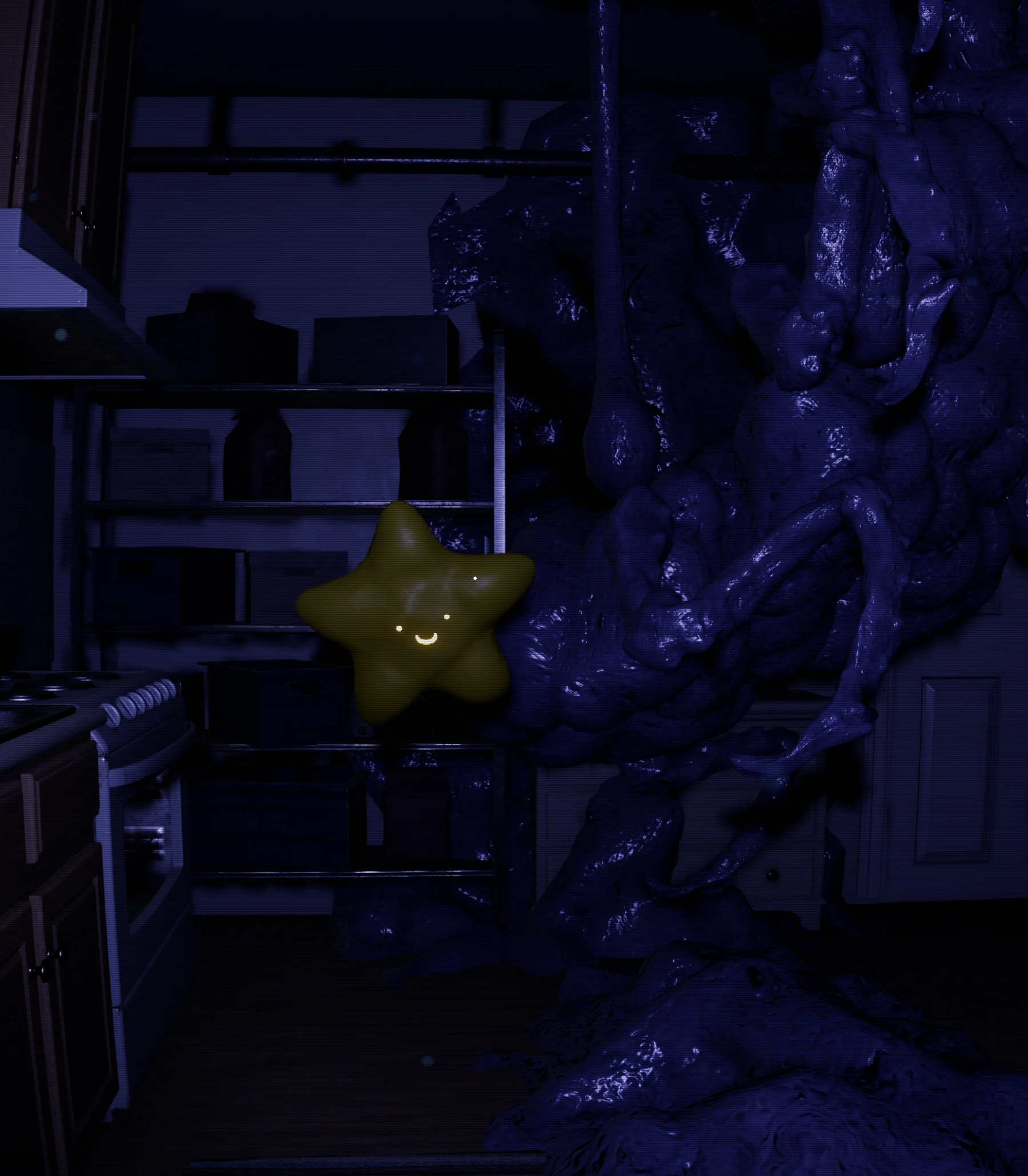 Jerry glowing faintly in a darkened kitchen